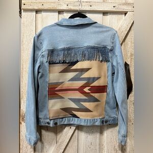 One of a Kind Western Aztec Denim Fringe Jacket | Size L |